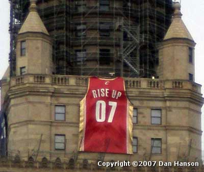 Cleveland Cavalier jersey on Terminal Tower