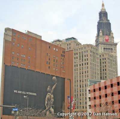 LeBron James Witness mural in front of Terminal Tower Cav's jersey