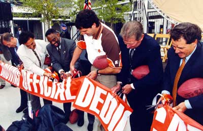 Larry Morrow at new Cleveland Browns Stadium with Bernie Kosar, Cleveland Mayor Mike White and George Voinovich and councilman Jay Westbrook